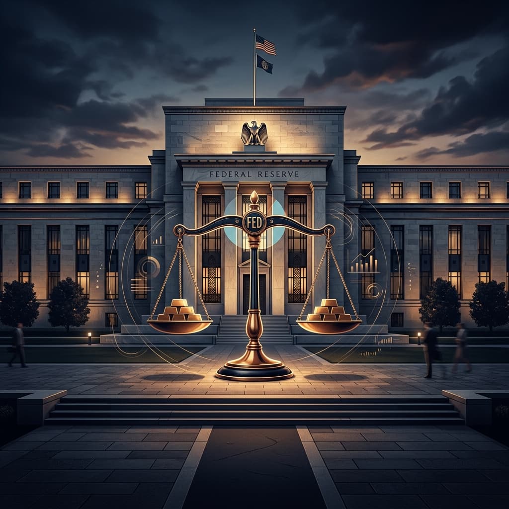 Federal Reserve building with a divided vote tally representing the July 2026 FOMC split decision